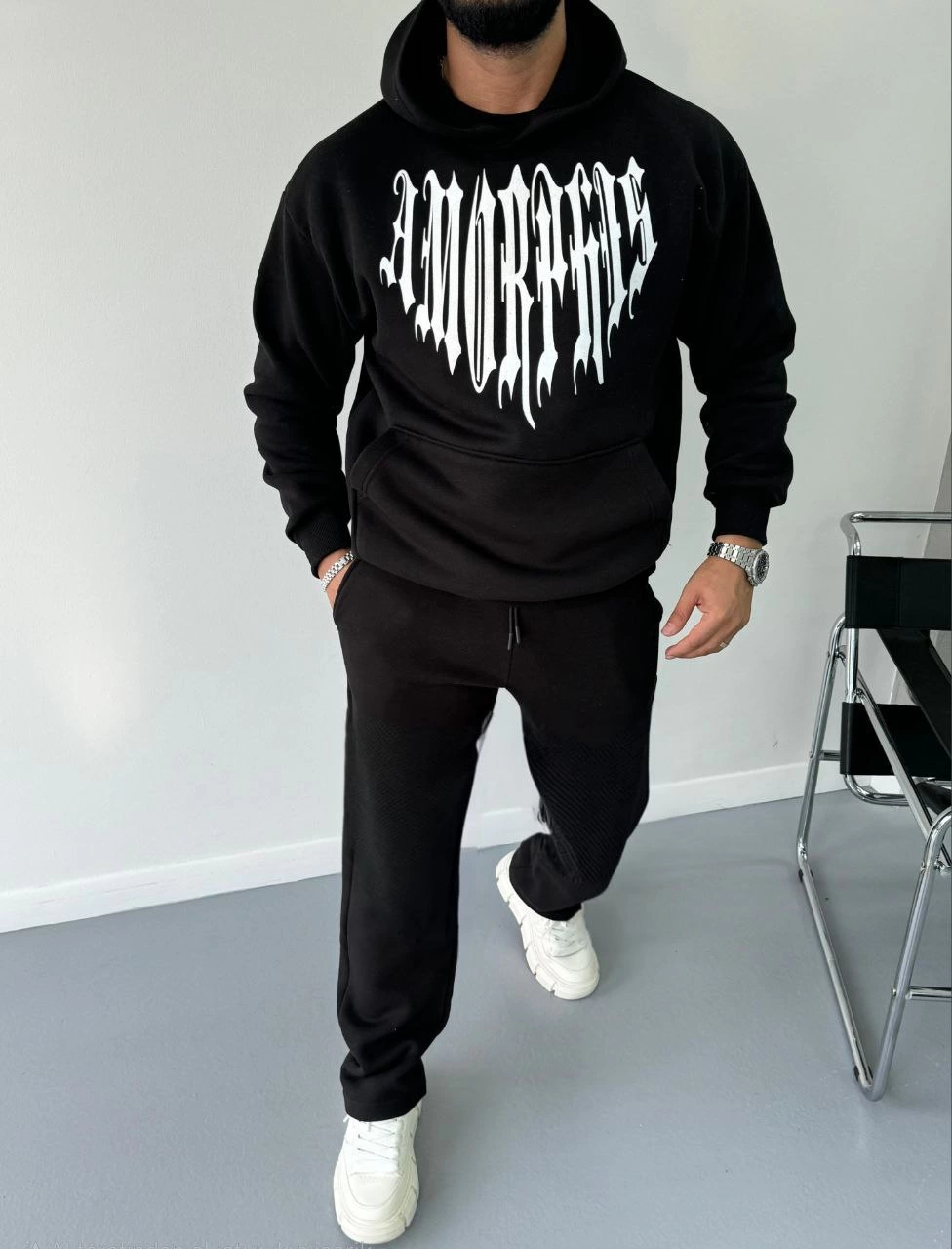 ASSEMA Erkek üç iplik pamuklu Kapüşonlu Baskılı SweatShirt - Siyah