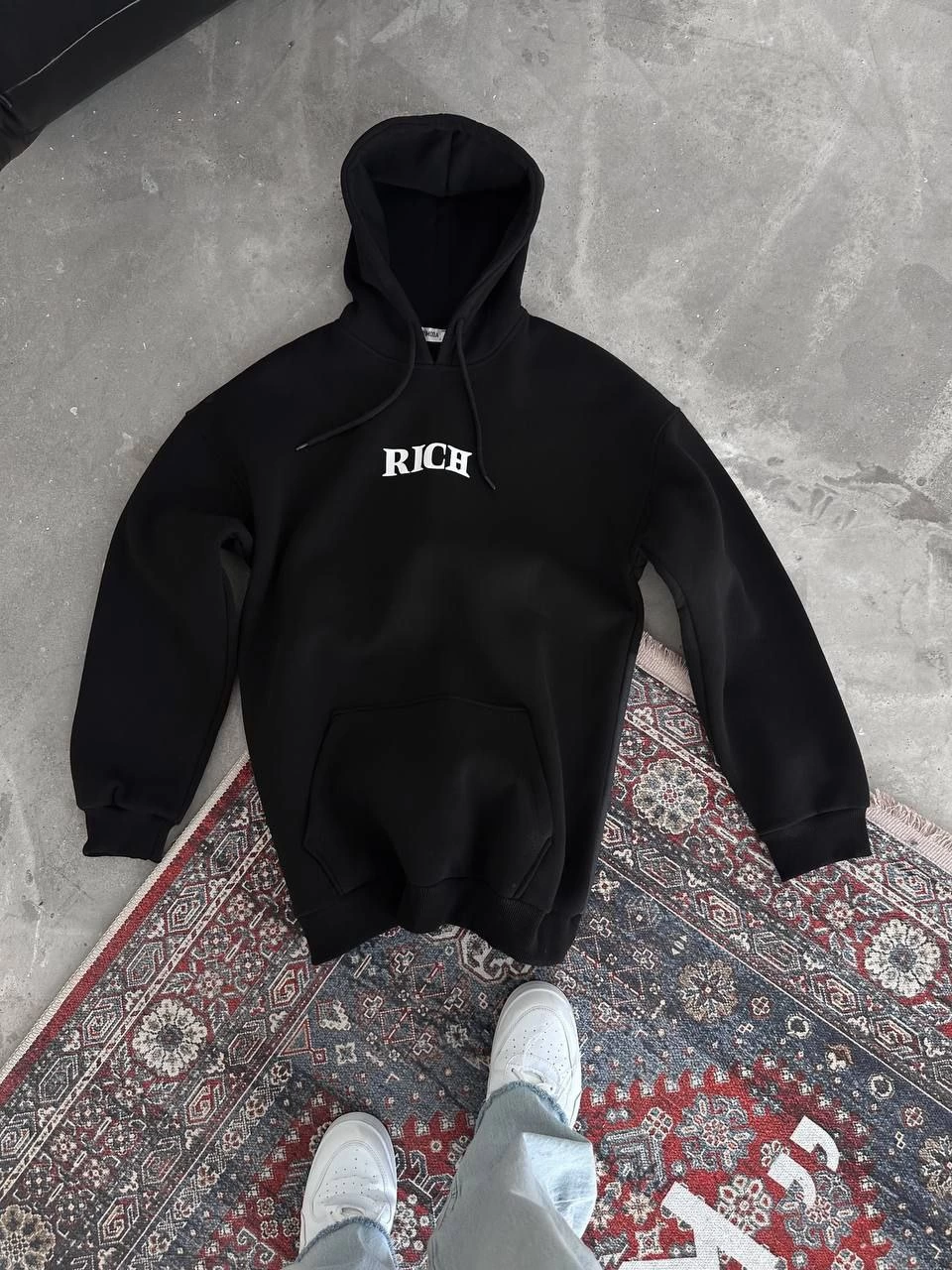 ASSEMA Erkek üç iplik pamuklu Kapüşonlu Göğüs Baskılı SweatShirt - Siyah
