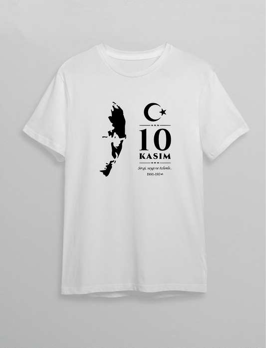 10 Kasım Atatürk Anma Günü Silüet Baskılı Oversize Bisiklet Yaka T-shirt - Beyaz
