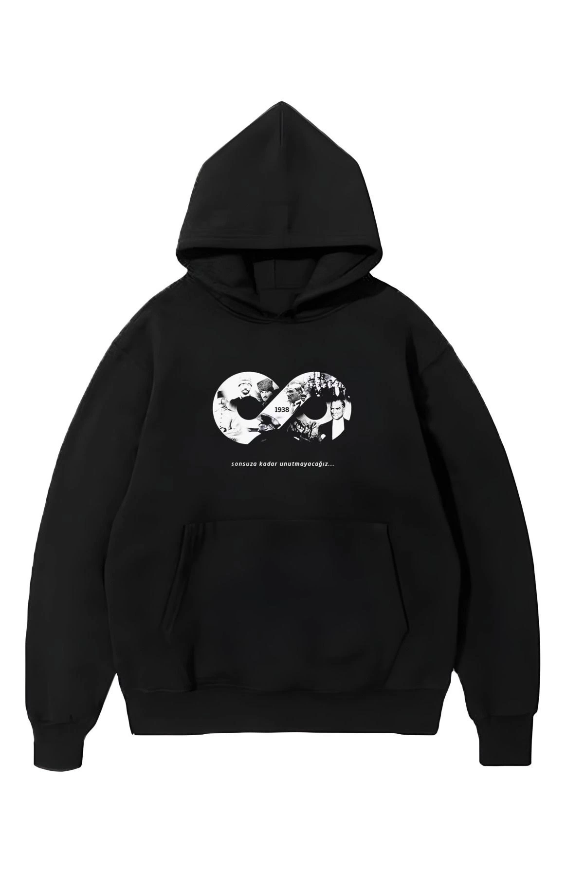 ASSEMA Erkek 10 Kasıma Özel Üç İplik Kapüşonlu Baskılı SweatShirt - Siyah