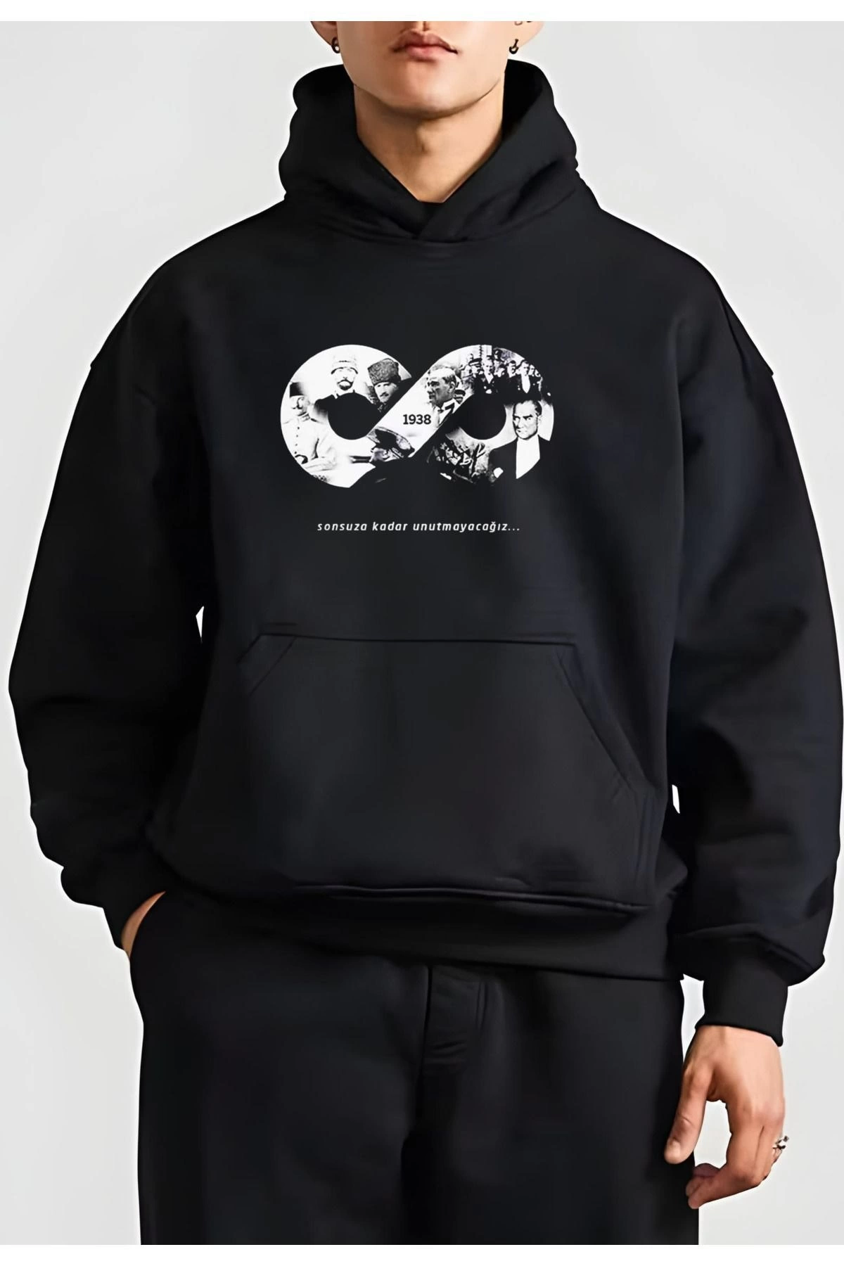 ASSEMA Erkek 10 Kasıma Özel Üç İplik Kapüşonlu Baskılı SweatShirt - Siyah