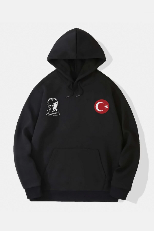 ASSEMA 10 Kasıma Özel Üç İplik Kapüşonlu Baskılı SweatShirt - Siyah