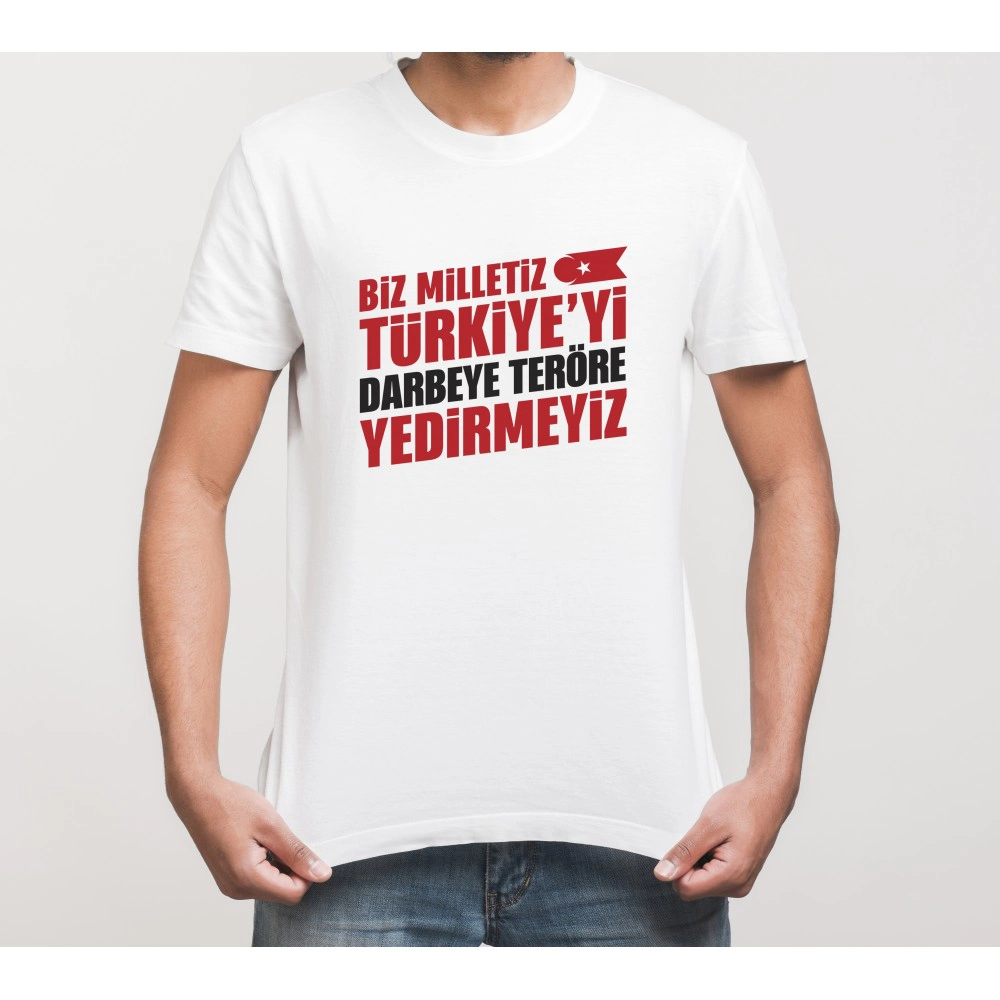 ASSEMA 15 Temmuza Özel Tasarım YEDİRMEYİZ Baskılı T-shirt - Beyaz