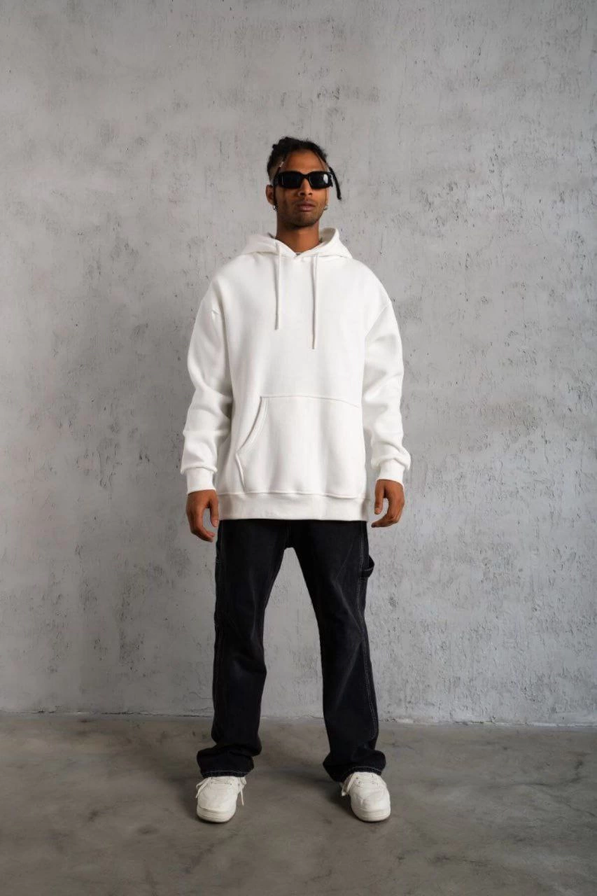 ASSEMA Erkek 3 İplik Kapşonlu Sweatshirt - Beyaz