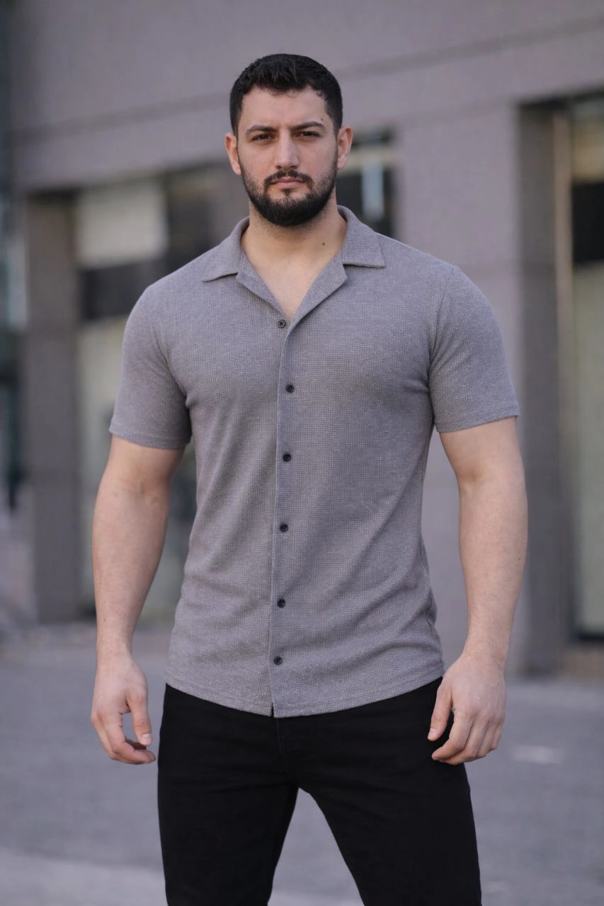 ASSEMA Erkek Waffle Kumaş Kısa Kollu Düğmeli Açık Yaka Regular Fit Gömlek - Gri