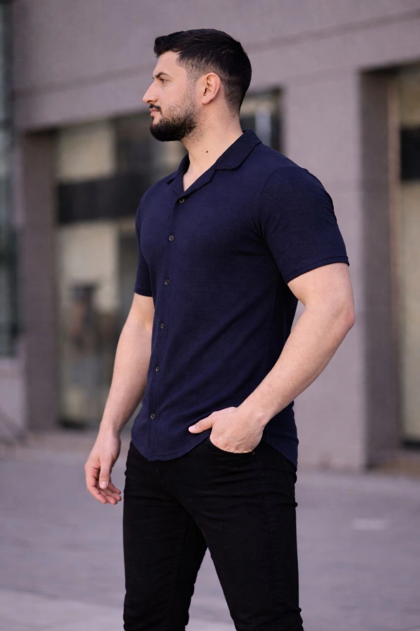 ASSEMA Erkek Waffle Kumaş Kısa Kollu Düğmeli Açık Yaka Regular Fit Gömlek - Lacivert