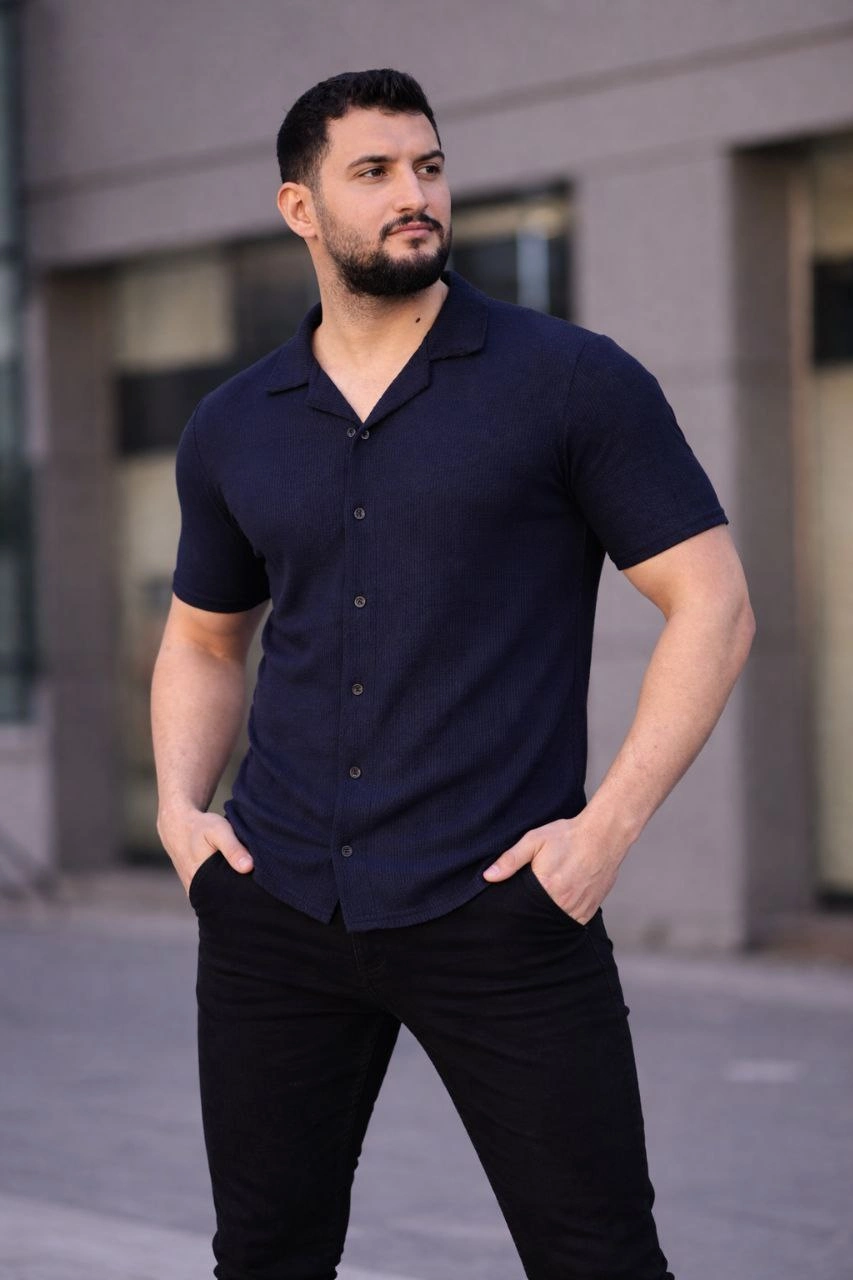 ASSEMA Erkek Waffle Kumaş Kısa Kollu Düğmeli Açık Yaka Regular Fit Gömlek - Lacivert
