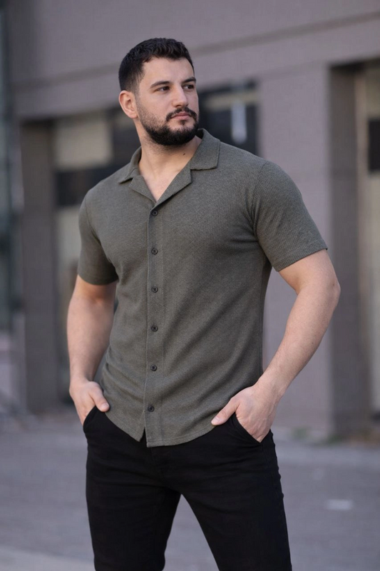 ASSEMA Erkek Waffle Kumaş Kısa Kollu Düğmeli Açık Yaka Regular Fit Gömlek - Haki