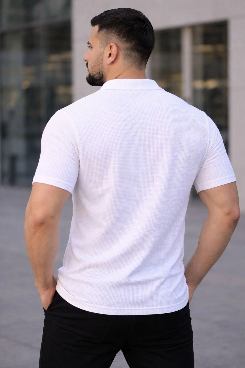 ASSEMA Erkek Waffle Kumaş Kısa Kollu Düğmeli Açık Yaka Regular Fit Gömlek - Beyaz