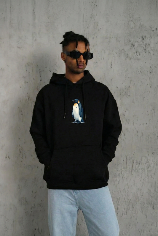 ASSEMA Siyah Oversize - Sırt Baskılı "Survivor Penguin" Temalı Felsefi Yazılı Kapüşonlu - Siyah