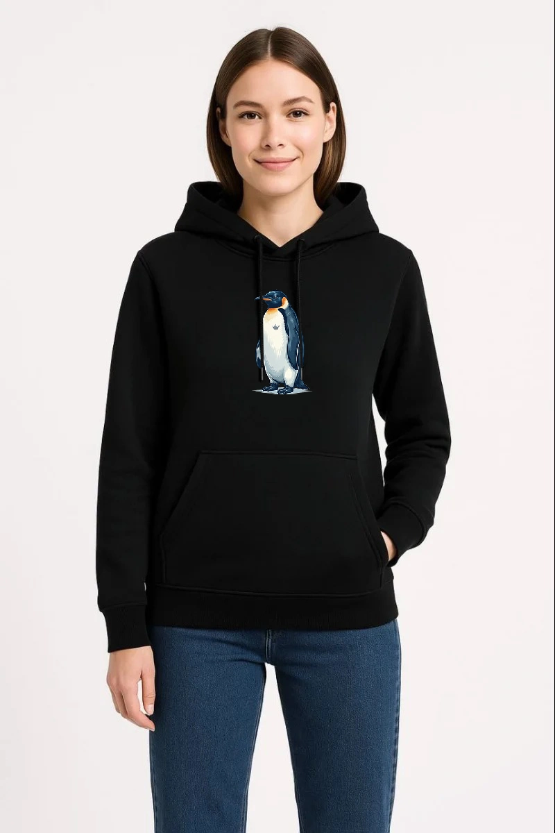 ASSEMA Kadın Oversize - Sırt Baskılı "Survivor Penguin" Temalı Felsefi Yazılı Kapüşonlu - Siyah