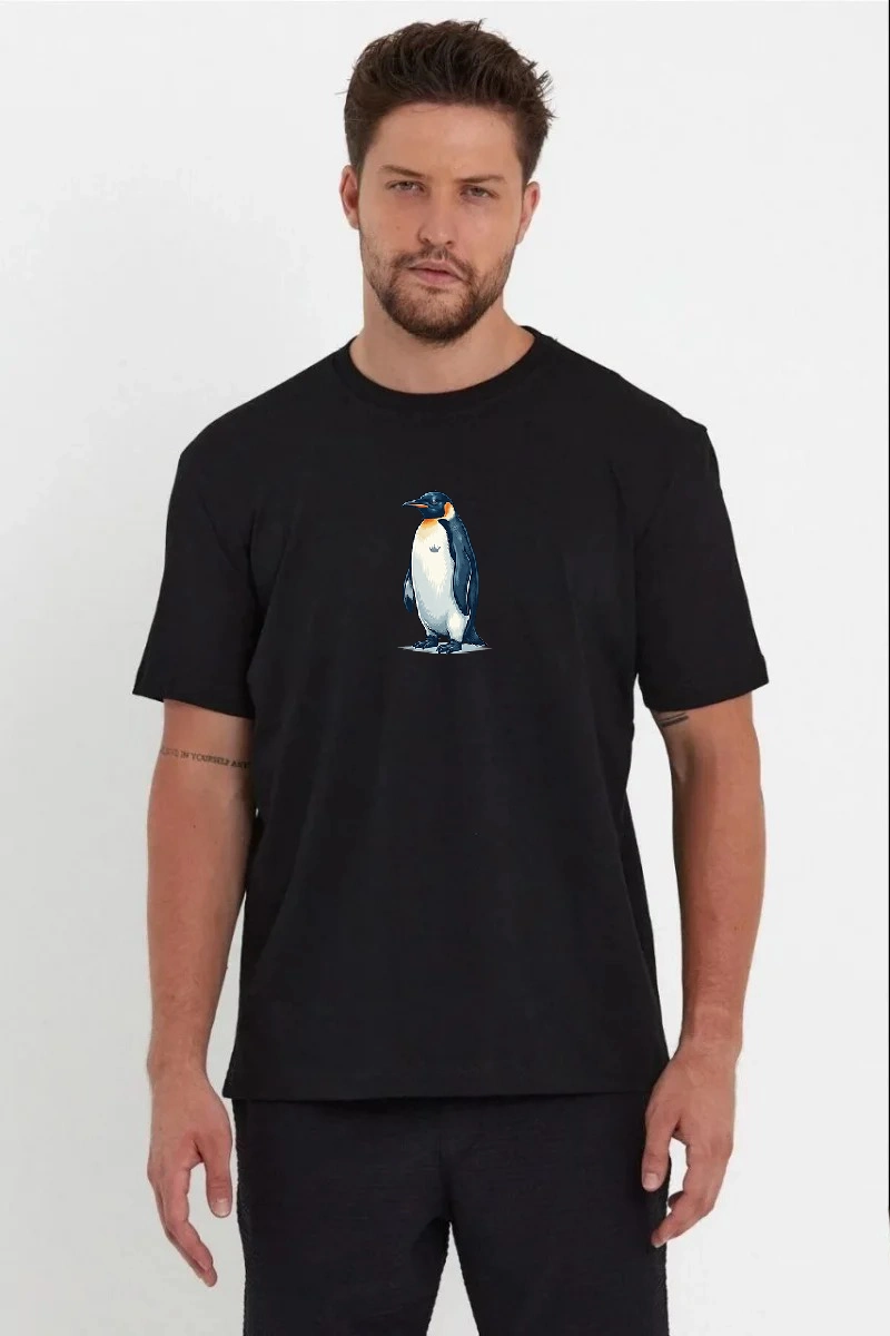 ASSEMA Erkek Oversize Tişört - Sırt Baskılı "Survivor Penguin" Temalı Felsefi Yazılı - Siyah