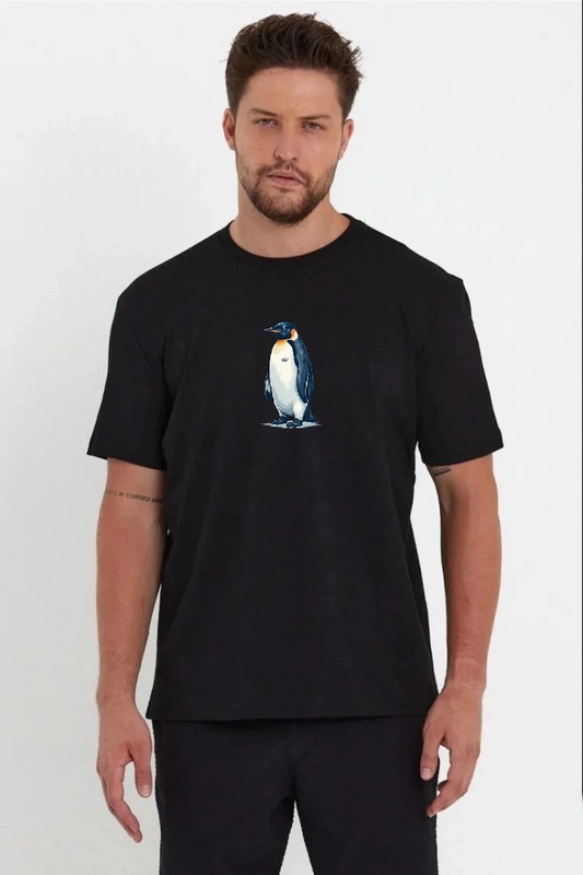ASSEMA Erkek Oversize Tişört - Sırt Baskılı "Survivor Penguin" Temalı Felsefi Yazılı - Siyah