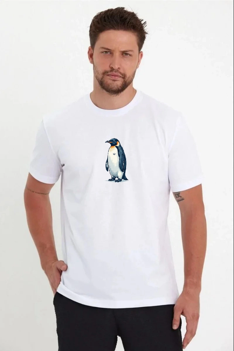 ASSEMA Erkek Oversize Tişört - Sırt Baskılı "Survivor Penguin" Temalı Felsefi Yazılı - Beyaz