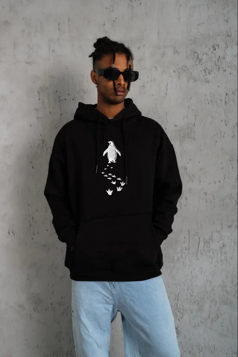 ASSEMA Erkek Nihilist Penguen Temalı Oversize Kapüşonlu Sweatshirt - Siyah