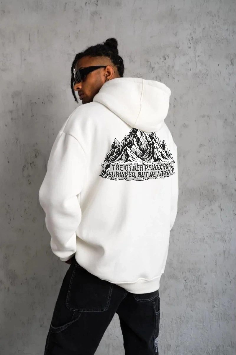 ASSEMA Erkek Nihilist Penguen Temalı Oversize Kapüşonlu Sweatshirt - Beyaz