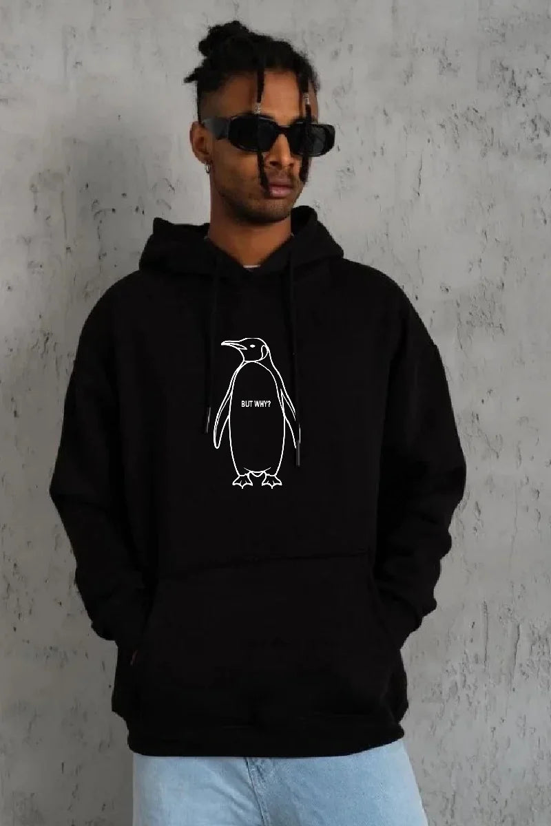 ASSEMA Erkek Nihilist Penguen Özel Tasarım Pamuklu Oversize Kapüşonlu Sweatshirt - Siyah