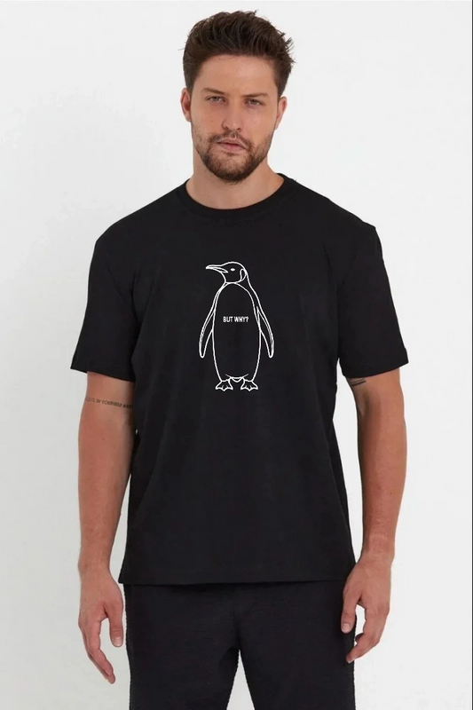 ASSEMA Erkek Nihilist Penguen Özel Tasarım Oversize Bisiklet Yaka Tişört - Siyah