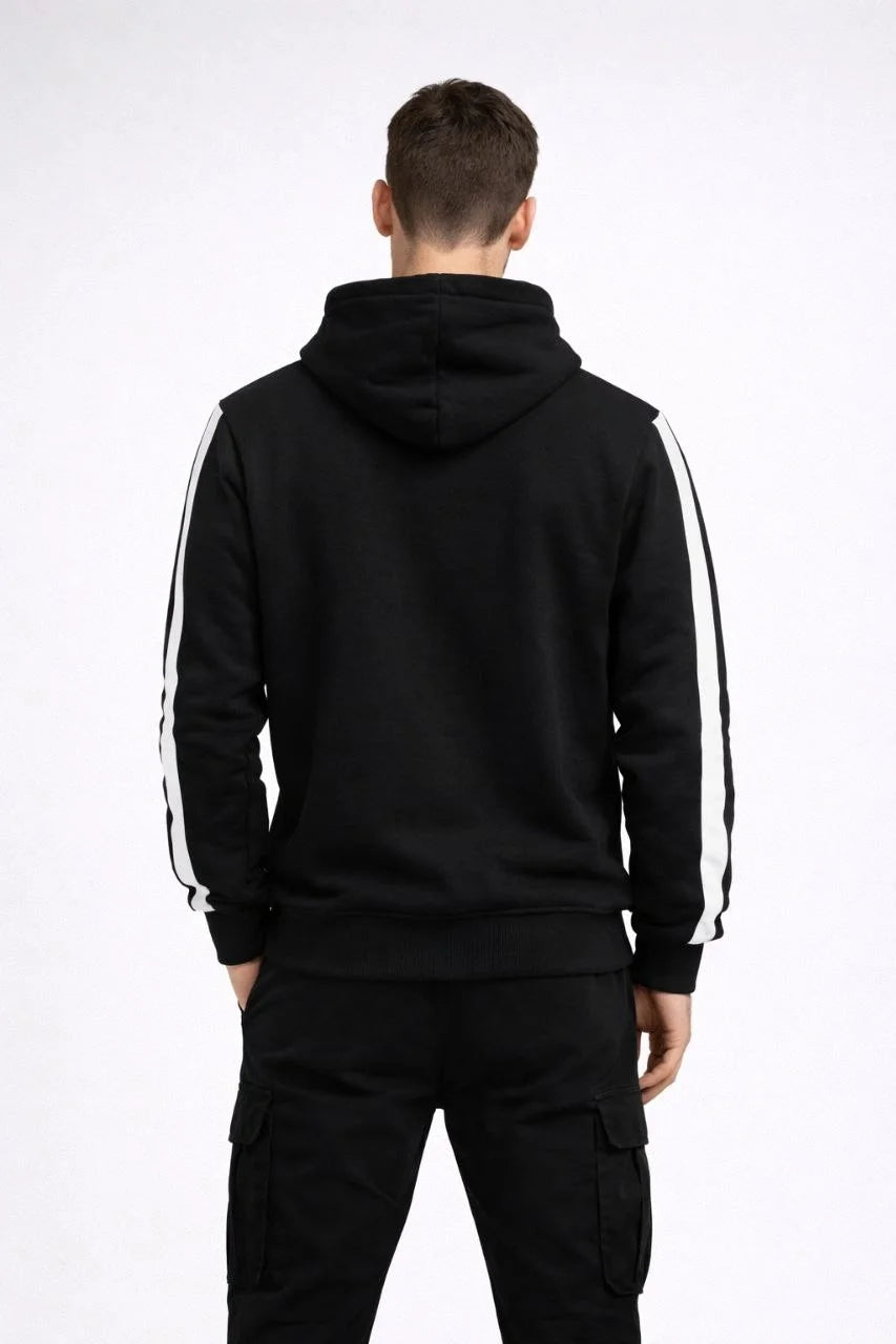 ASSEMA Erkek Şeritli Kapüşonlu Sweatshirt Oversize 3 iplik Pamuklu - Siyah