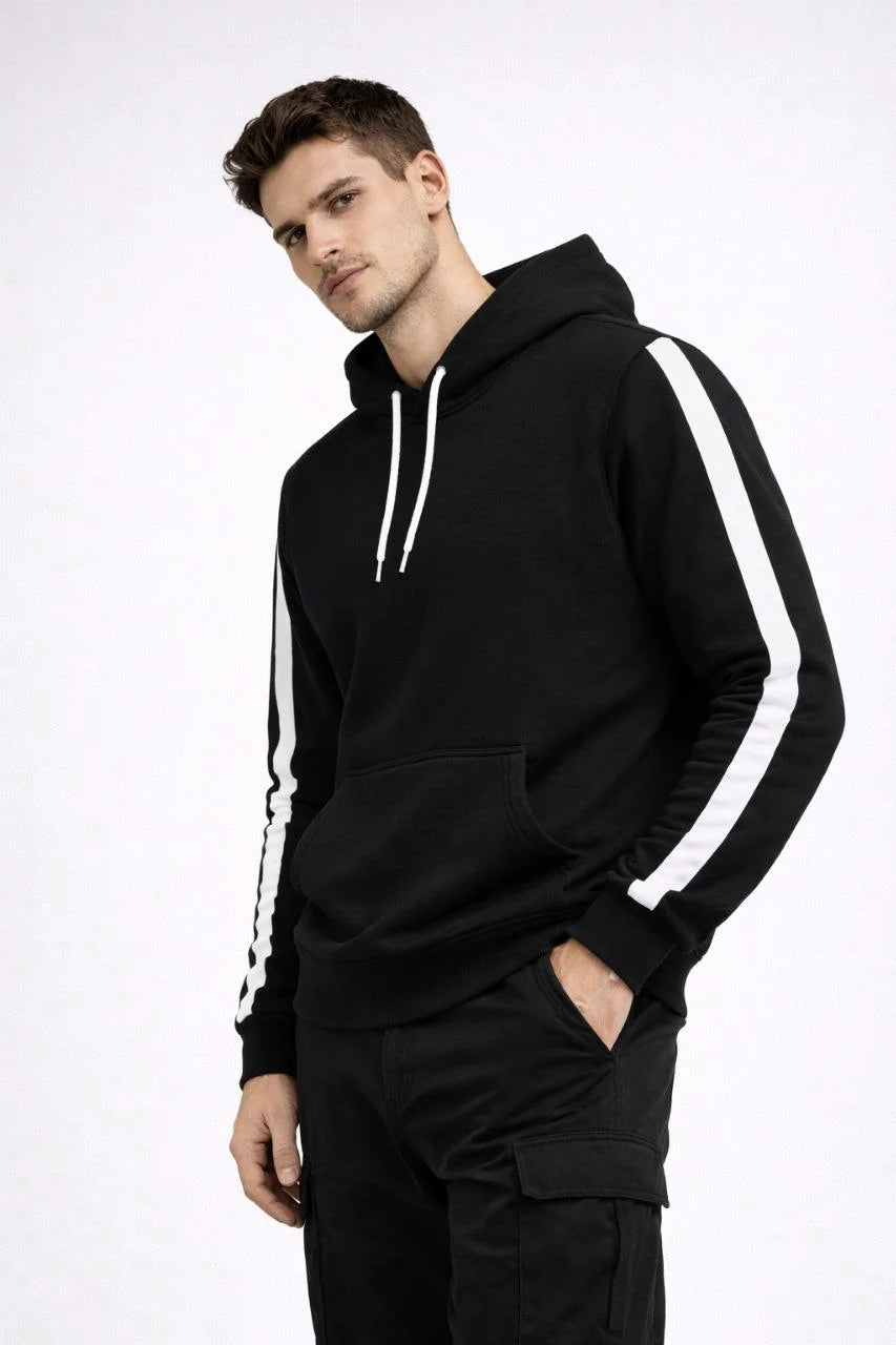 ASSEMA Erkek Şeritli Kapüşonlu Sweatshirt Oversize 3 iplik Pamuklu - Siyah