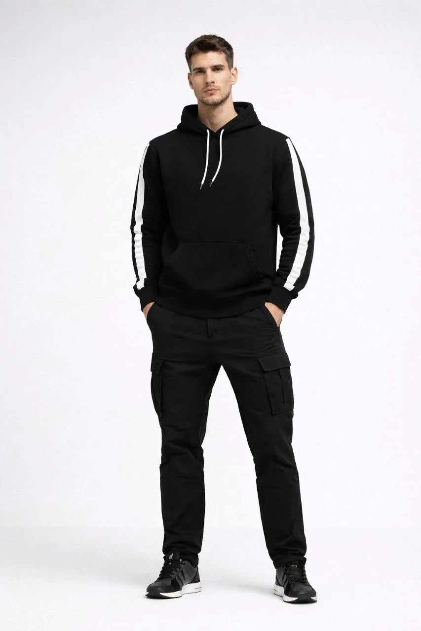 ASSEMA Erkek Şeritli Kapüşonlu Sweatshirt Oversize 3 iplik Pamuklu - Siyah