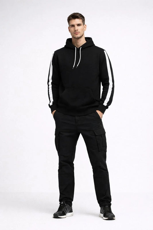 ASSEMA Erkek Şeritli Kapüşonlu Sweatshirt Oversize 3 iplik Pamuklu - Siyah