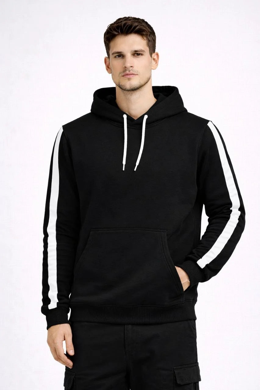 ASSEMA Erkek Şeritli Kapüşonlu Sweatshirt Oversize 3 iplik Pamuklu - Siyah