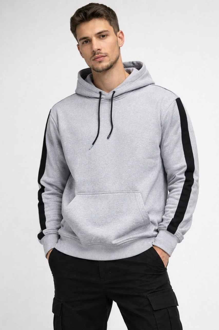 ASSEMA Erkek Şeritli Kapüşonlu Sweatshirt 3 iplik Pamuklu - Beyaz