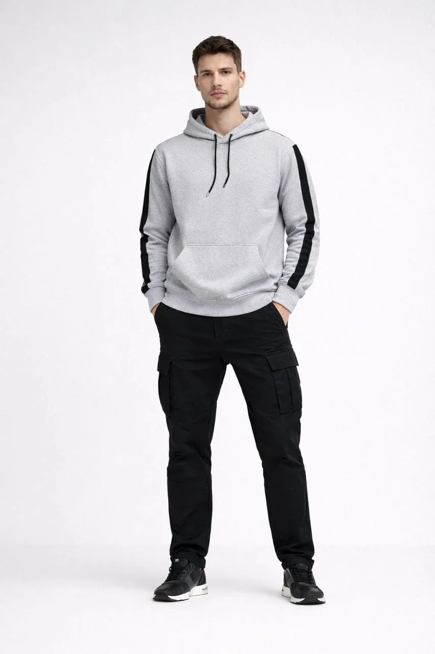ASSEMA Erkek Şeritli Kapüşonlu Sweatshirt 3 iplik Pamuklu - Beyaz