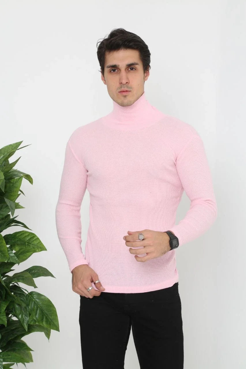 ASSEMA Erkek Kaşkorse Boğazlı Pamuklu Full Likralı Fitilli Body Kazak - Toz Pembe