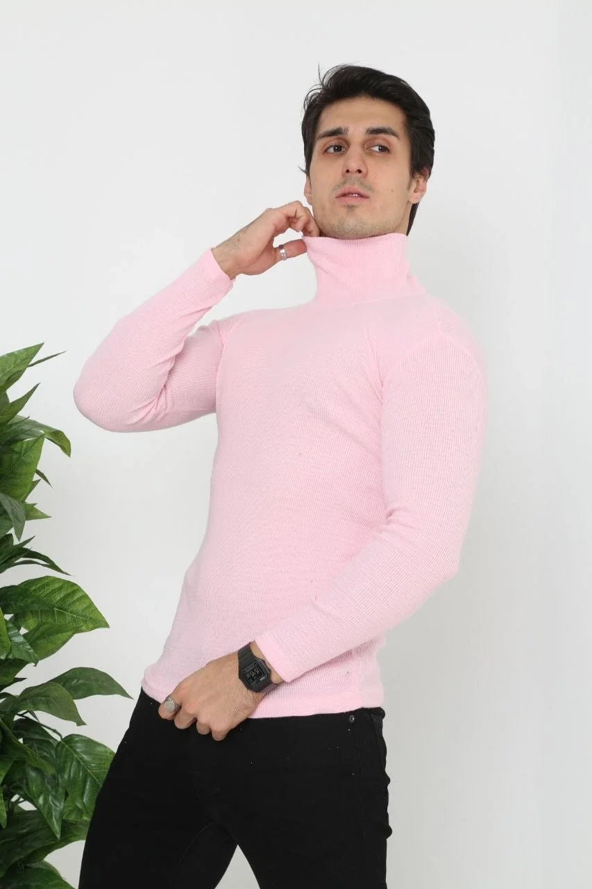 ASSEMA Erkek Kaşkorse Boğazlı Pamuklu Full Likralı Fitilli Body Kazak - Toz Pembe