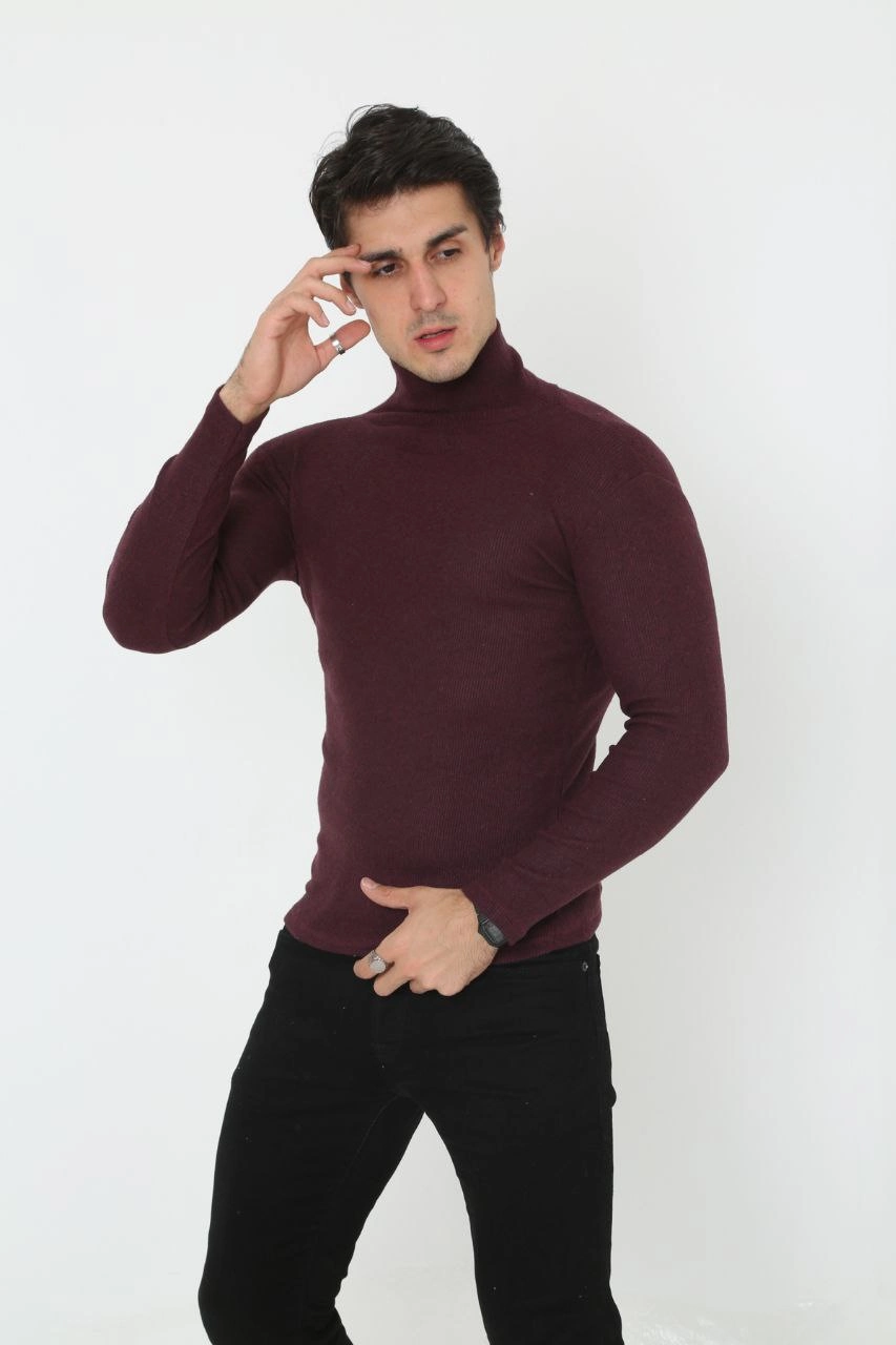 ASSEMA Erkek Kaşkorse Boğazlı Pamuklu Full Likralı Fitilli Body Kazak - Bordo