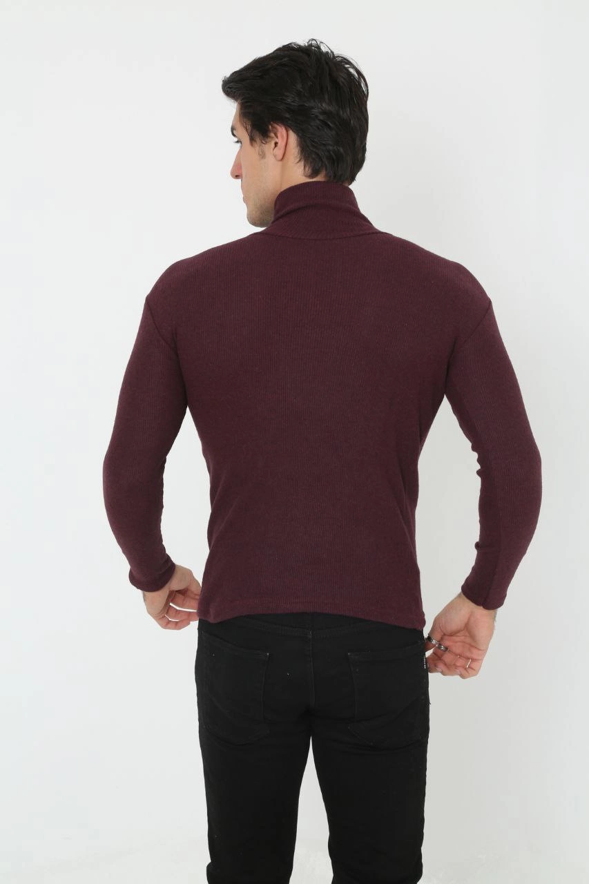 ASSEMA Erkek Kaşkorse Boğazlı Pamuklu Full Likralı Fitilli Body Kazak - Bordo