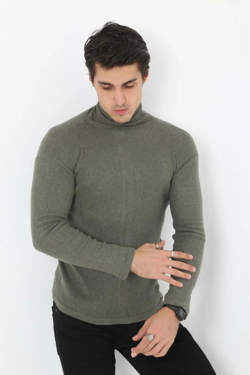 ASSEMA Erkek Kaşkorse Boğazlı Pamuklu Full Likralı Fitilli Body Kazak - Haki