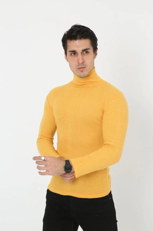 ASSEMA Erkek Kaşkorse Boğazlı Pamuklu Full Likralı Fitilli Body Kazak - Sarı