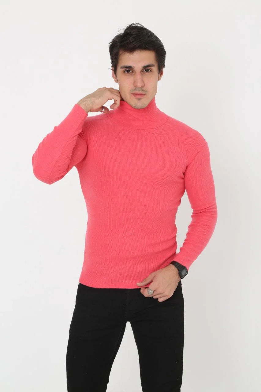ASSEMA Erkek Kaşkorse Boğazlı Pamuklu Full Likralı Fitilli Body Kazak - Pembe