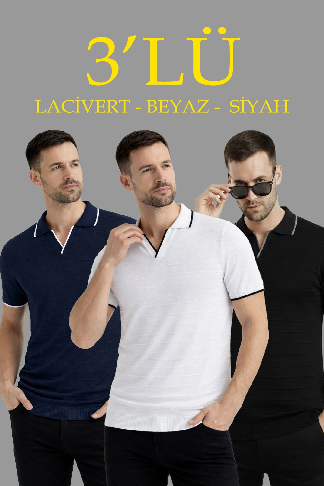 ASSEMA Erkek 3 lü Paket Triko Yakalı Düğmesiz Açık Yaka Fitilli Kısa Kollu Regular Fit Tişört - Siyah, Beyaz, Lacivert