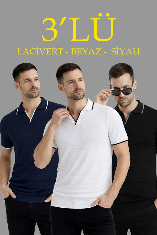 ASSEMA Erkek 3 lü Paket Triko Yakalı Düğmesiz Açık Yaka Fitilli Kısa Kollu Regular Fit Tişört - Siyah, Beyaz, Lacivert