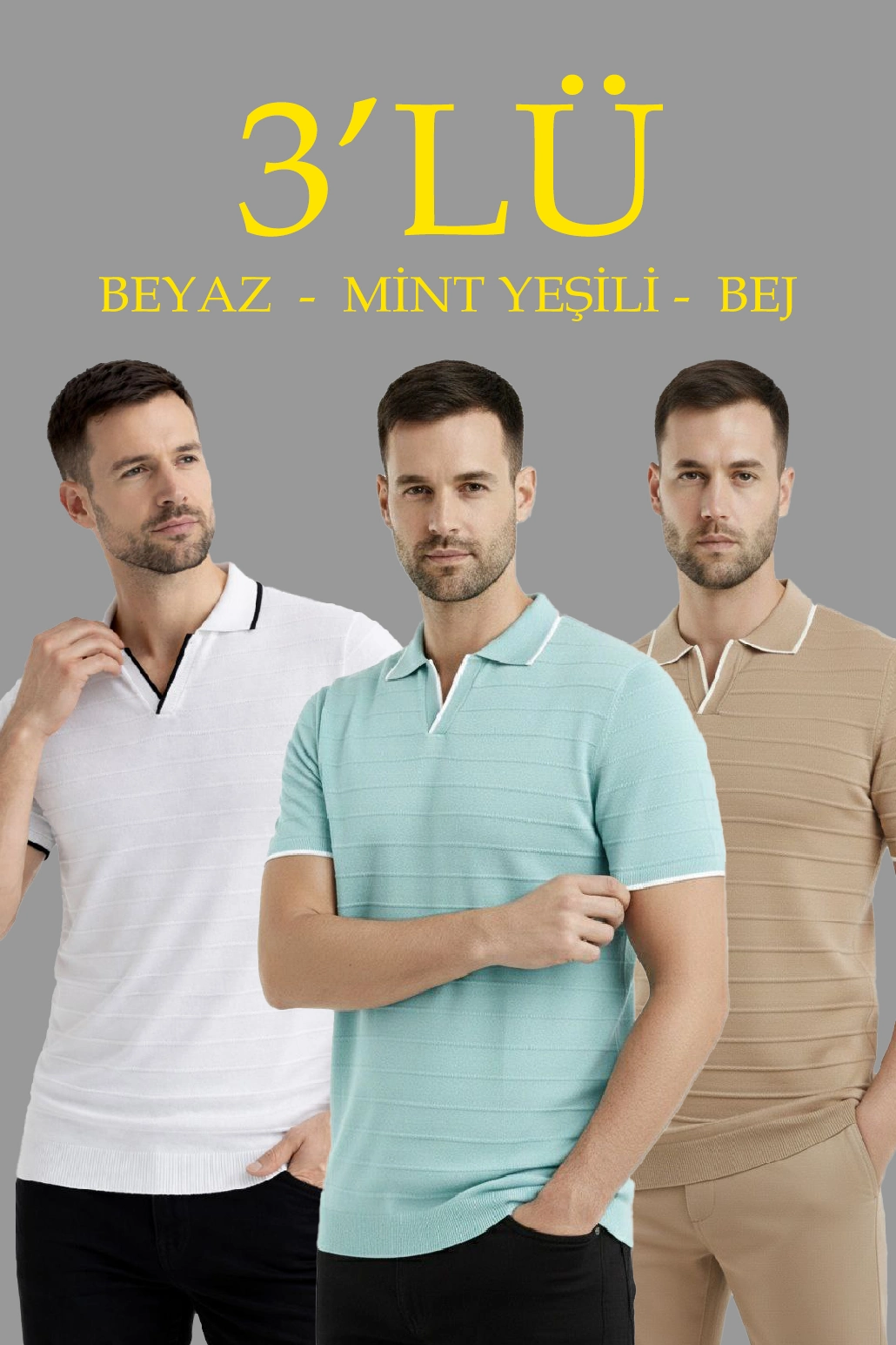 ASSEMA Erkek 3 lü Paket Triko Yakalı Düğmesiz Açık Yaka Fitilli Kısa Kollu Regular Fit Tişört