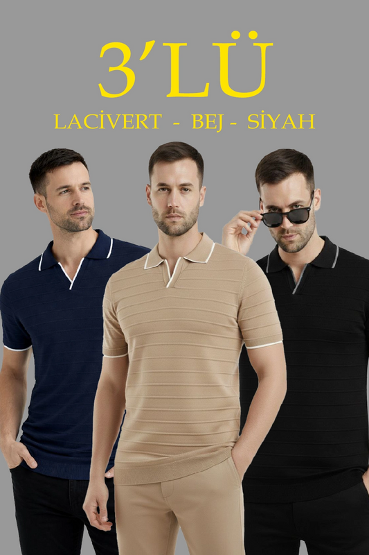 ASSEMA Erkek 3 lü Paket Triko Yakalı Düğmesiz Açık Yaka Fitilli Kısa Kollu Regular Fit Tişört - Lacivert, Bej, Siyah