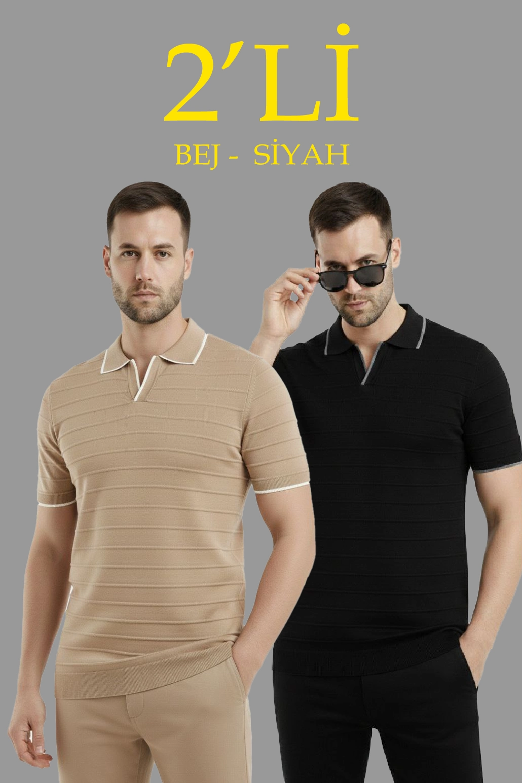 ASSEMA Erkek 2 li Paket Triko Yakalı Düğmesiz Açık Yaka Fitilli Kısa Kollu Regular - Bej & Siyah
