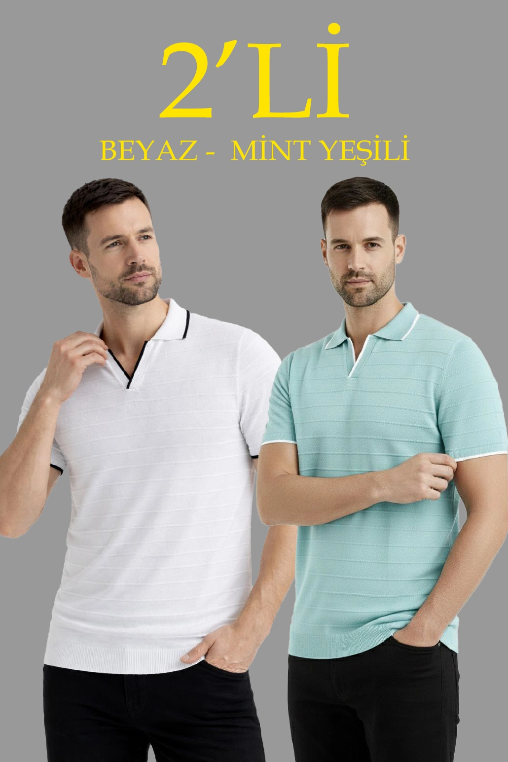 ASSEMA Erkek 2 li Paket Triko Yakalı Düğmesiz Açık Yaka Fitilli Kısa Kollu - Beyaz & Mint Yeşili