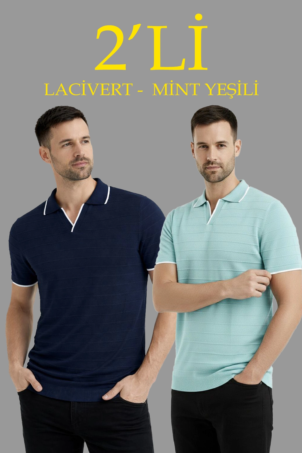 ASSEMA Erkek 2 li Paket Triko Yakalı Düğmesiz Açık Yaka Fitilli Kısa Kollu Regular Fit Tişört - Lacivert & Mint Yeşili
