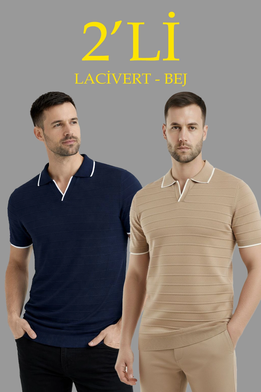 ASSEMA Erkek 2 li Paket Triko Yakalı Düğmesiz Açık Yaka Fitilli Kısa Kollu Regular Fit Tişört - Lacivert & Bej
