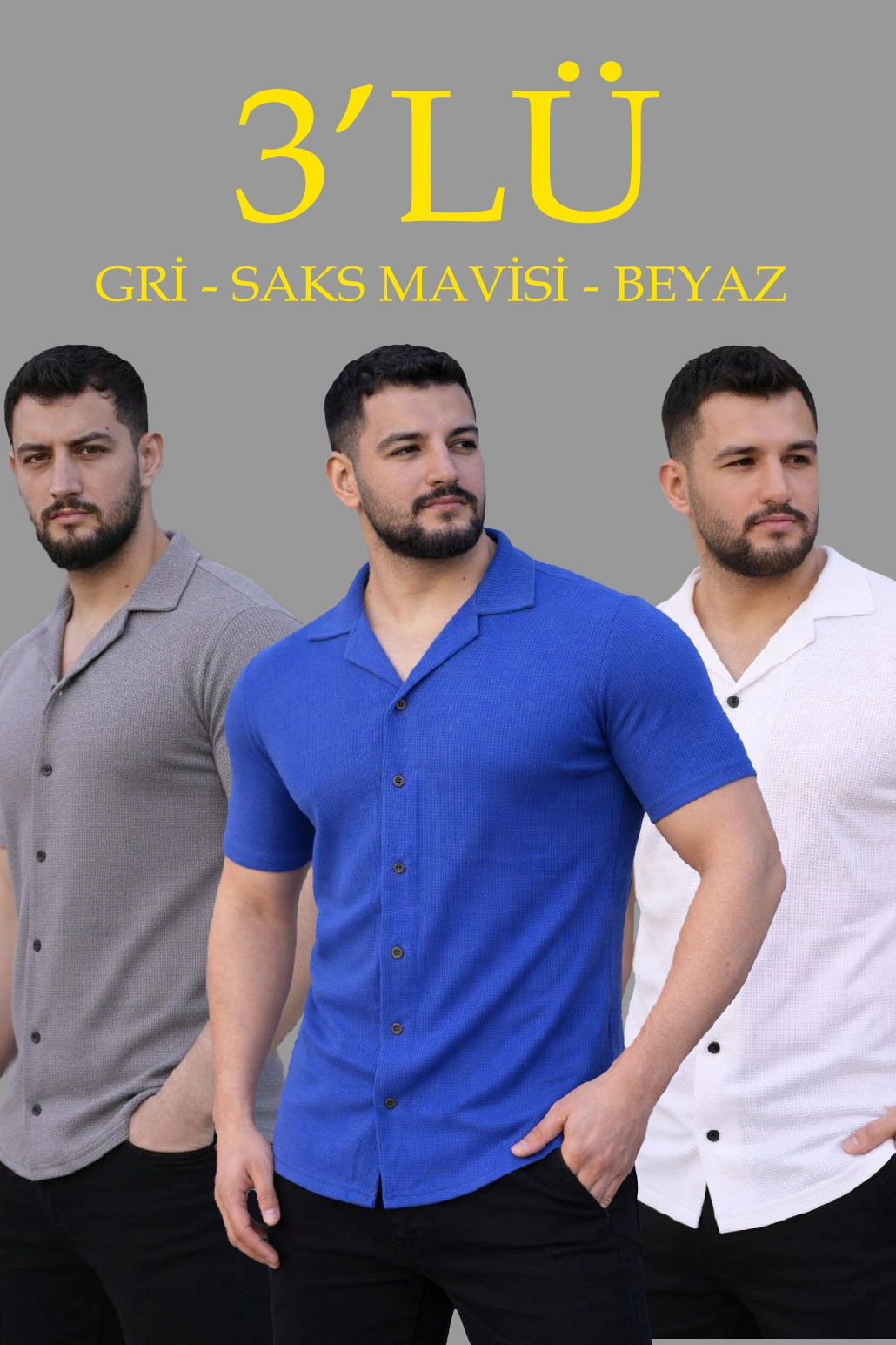 ASSEMA Erkek Waffle Dokuma Açık Yakalı Düğmeli Regular Kalıp 3 lü Gömlek Seti - Gri, Saks Mavisi, Beyaz