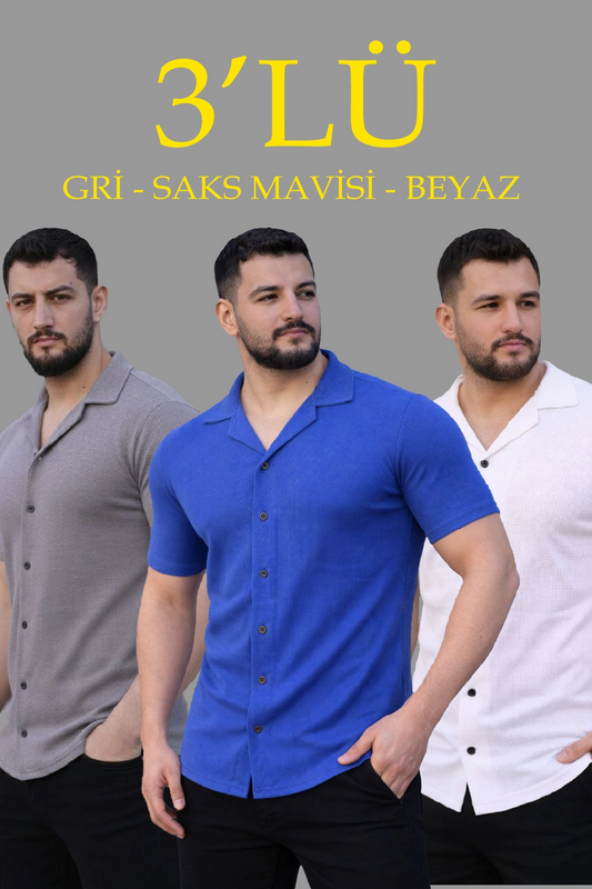 ASSEMA Erkek Waffle Dokuma Açık Yakalı Düğmeli Regular Kalıp 3 lü Gömlek Seti - Gri, Saks Mavisi, Beyaz