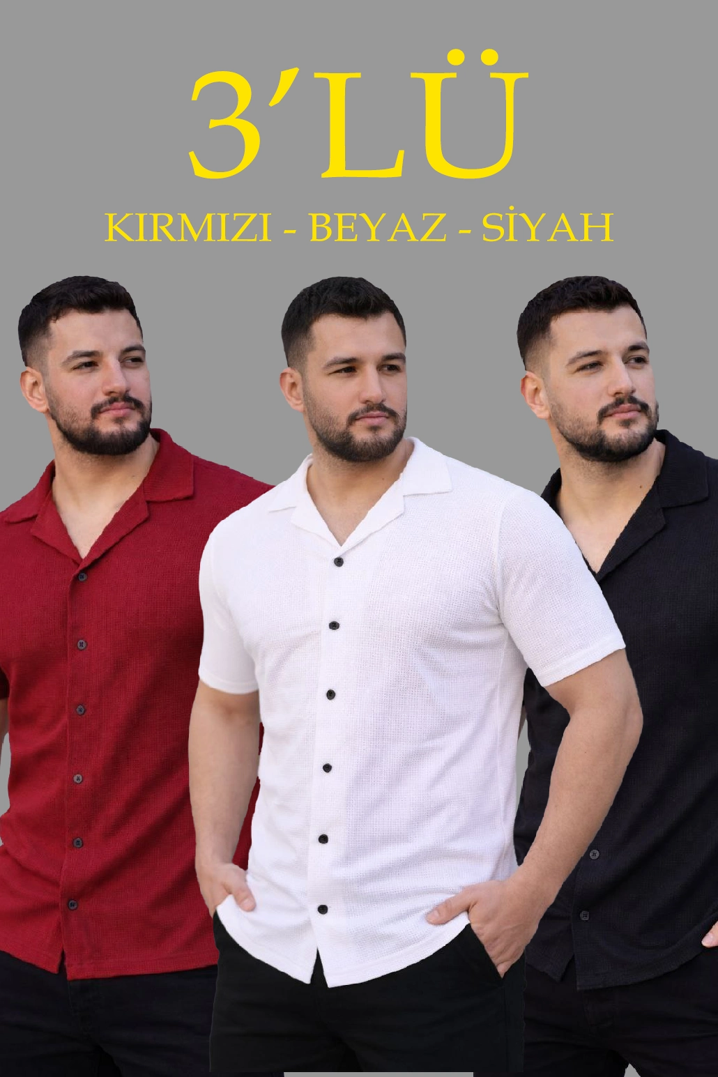ASSEMA Erkek Waffle Dokuma Açık Yakalı Düğmeli Regular Kalıp 3 lü Gömlek Seti - Siyah, Kırmızı, Beyaz