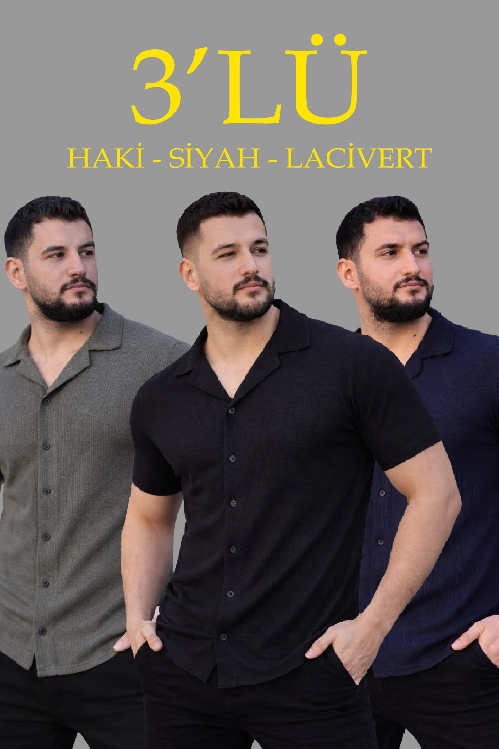 ASSEMA Erkek Waffle Dokuma Açık Yakalı Düğmeli Regular Kalıp 3 lü Gömlek Seti - Siyah, Haki, Lacivert