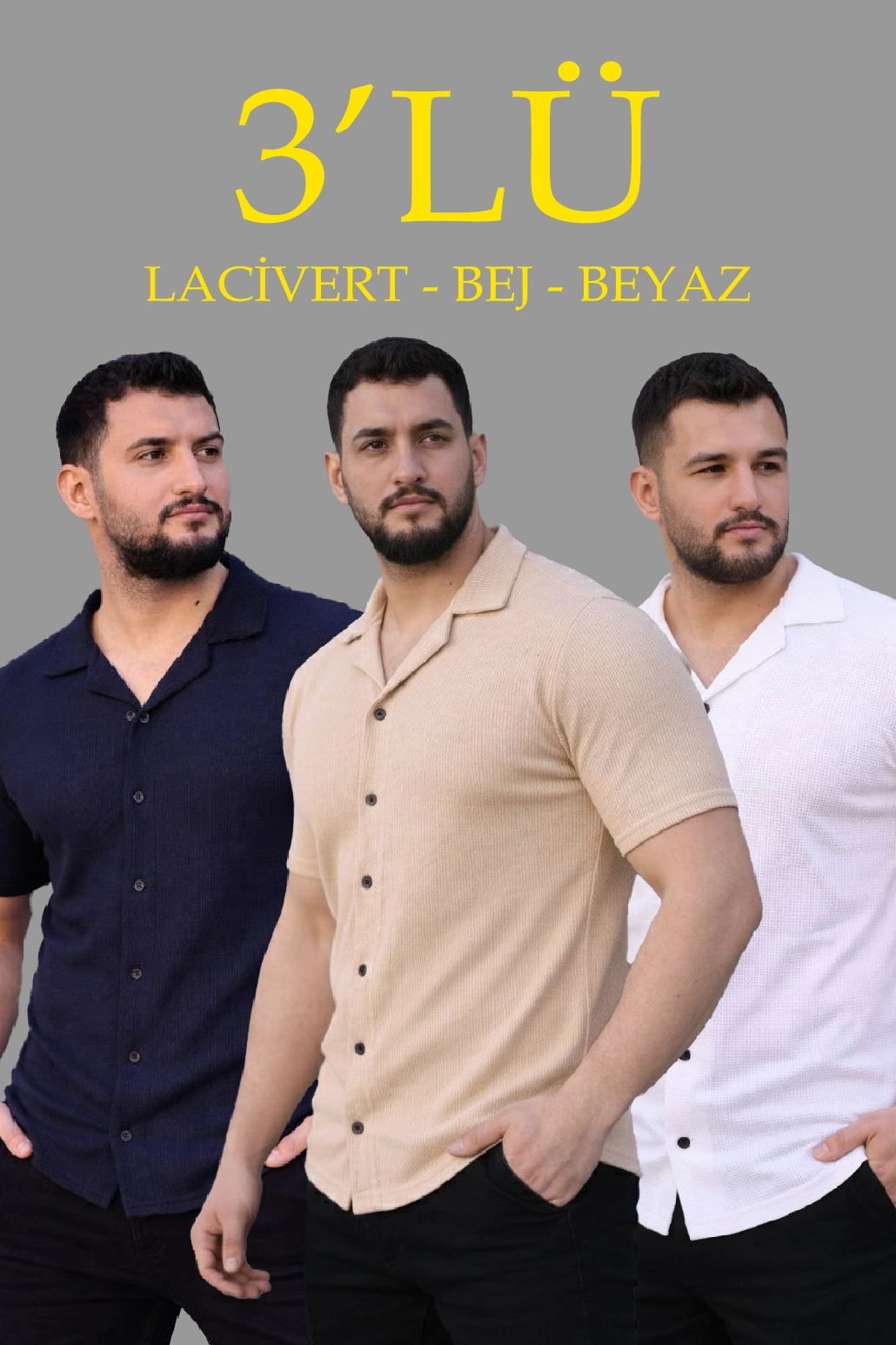 ASSEMA Erkek Waffle Dokuma Açık Yakalı Düğmeli Regular Kalıp 3 lü Gömlek Seti - Bej, Beyaz, Lacivert