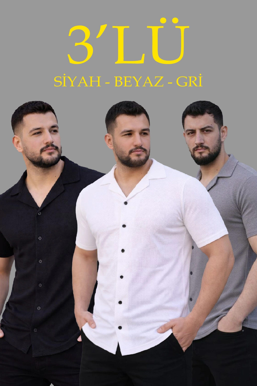ASSEMA Erkek Waffle Dokuma Açık Yakalı Düğmeli Regular Kalıp 3 lü Gömlek Seti - Siyah, Beyaz, Gri